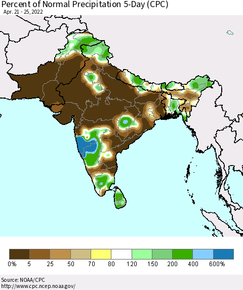 Southern Asia Percent of Normal Precipitation 5-Day (CPC) Thematic Map For 4/21/2022 - 4/25/2022