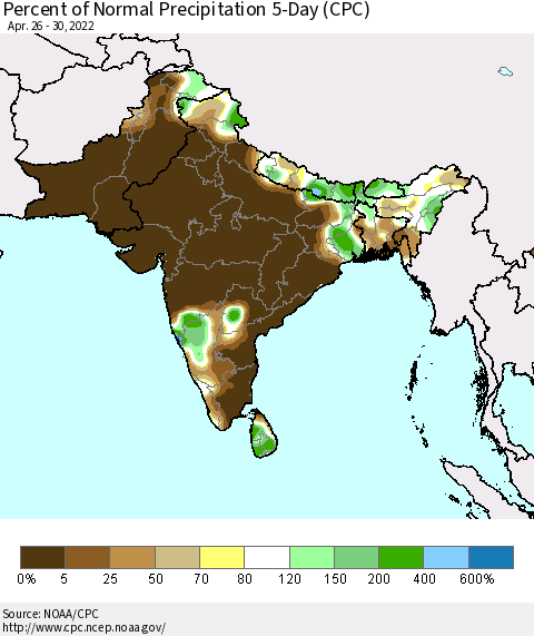 Southern Asia Percent of Normal Precipitation 5-Day (CPC) Thematic Map For 4/26/2022 - 4/30/2022