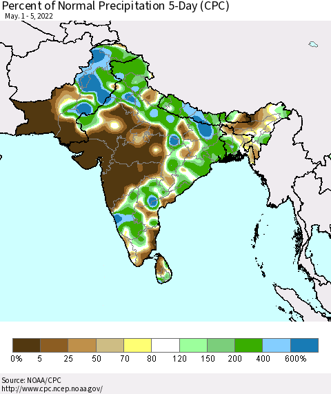 Southern Asia Percent of Normal Precipitation 5-Day (CPC) Thematic Map For 5/1/2022 - 5/5/2022