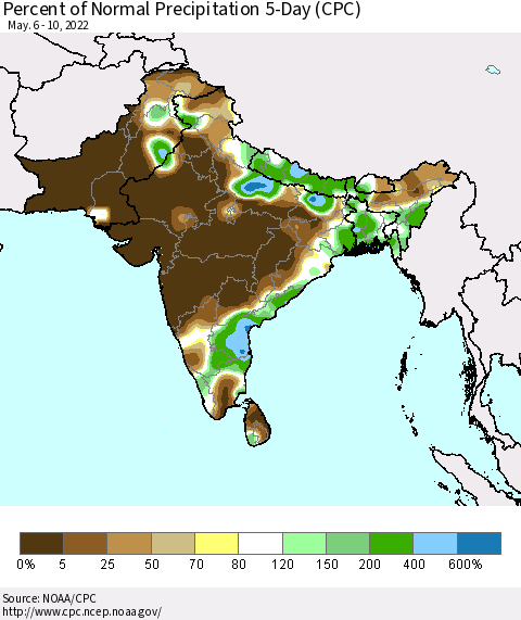 Southern Asia Percent of Normal Precipitation 5-Day (CPC) Thematic Map For 5/6/2022 - 5/10/2022