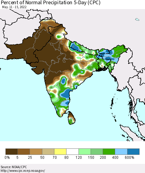Southern Asia Percent of Normal Precipitation 5-Day (CPC) Thematic Map For 5/11/2022 - 5/15/2022