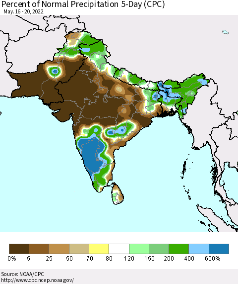 Southern Asia Percent of Normal Precipitation 5-Day (CPC) Thematic Map For 5/16/2022 - 5/20/2022