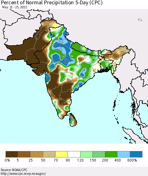 Southern Asia Percent of Normal Precipitation 5-Day (CPC) Thematic Map For 5/21/2022 - 5/25/2022