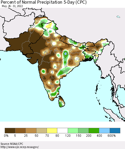 Southern Asia Percent of Normal Precipitation 5-Day (CPC) Thematic Map For 5/26/2022 - 5/31/2022