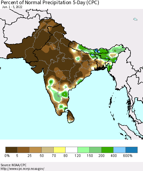 Southern Asia Percent of Normal Precipitation 5-Day (CPC) Thematic Map For 6/1/2022 - 6/5/2022