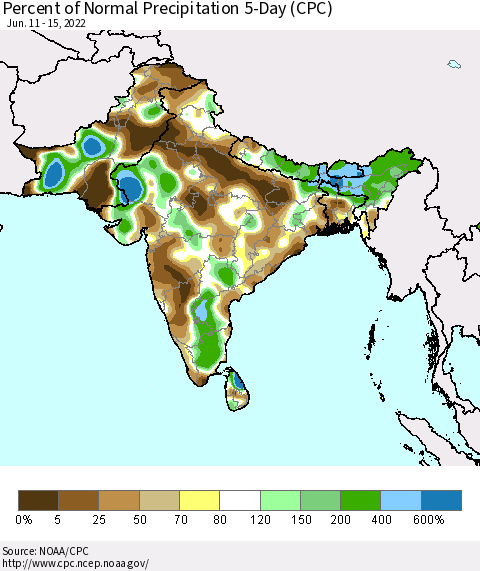 Southern Asia Percent of Normal Precipitation 5-Day (CPC) Thematic Map For 6/11/2022 - 6/15/2022