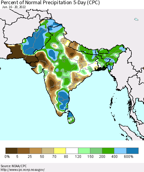 Southern Asia Percent of Normal Precipitation 5-Day (CPC) Thematic Map For 6/16/2022 - 6/20/2022