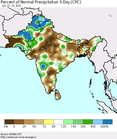Southern Asia Percent of Normal Precipitation 5-Day (CPC) Thematic Map For 6/21/2022 - 6/25/2022
