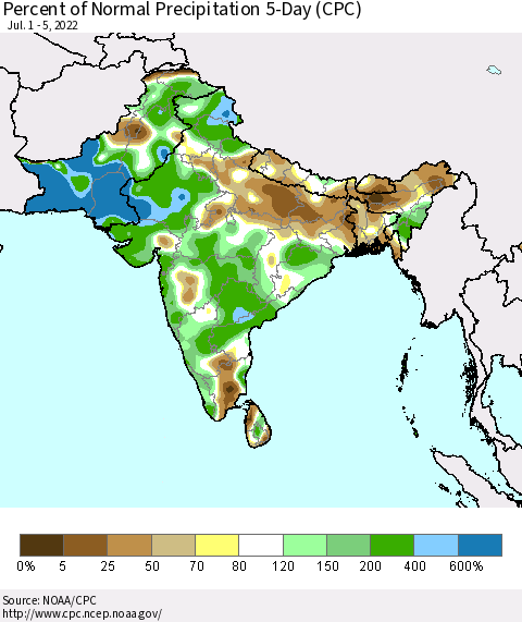 Southern Asia Percent of Normal Precipitation 5-Day (CPC) Thematic Map For 7/1/2022 - 7/5/2022