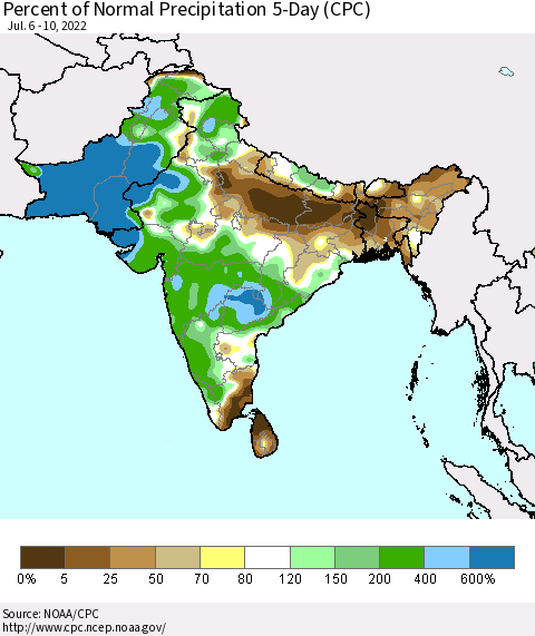 Southern Asia Percent of Normal Precipitation 5-Day (CPC) Thematic Map For 7/6/2022 - 7/10/2022