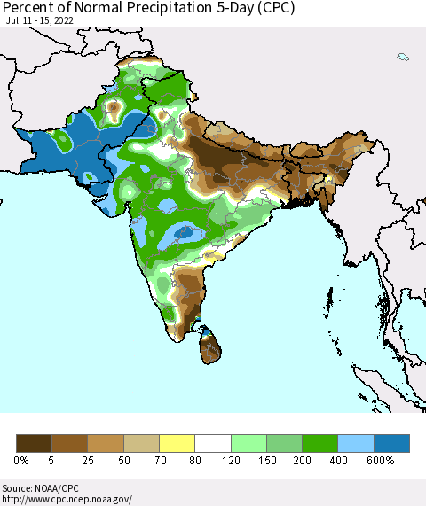 Southern Asia Percent of Normal Precipitation 5-Day (CPC) Thematic Map For 7/11/2022 - 7/15/2022