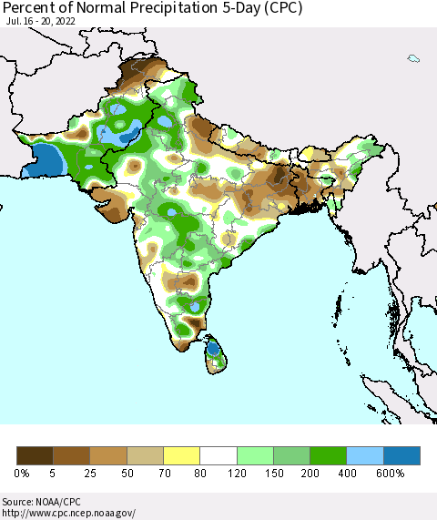 Southern Asia Percent of Normal Precipitation 5-Day (CPC) Thematic Map For 7/16/2022 - 7/20/2022