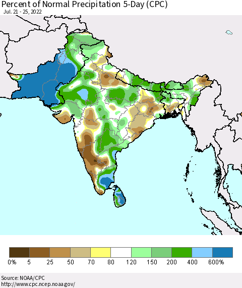 Southern Asia Percent of Normal Precipitation 5-Day (CPC) Thematic Map For 7/21/2022 - 7/25/2022