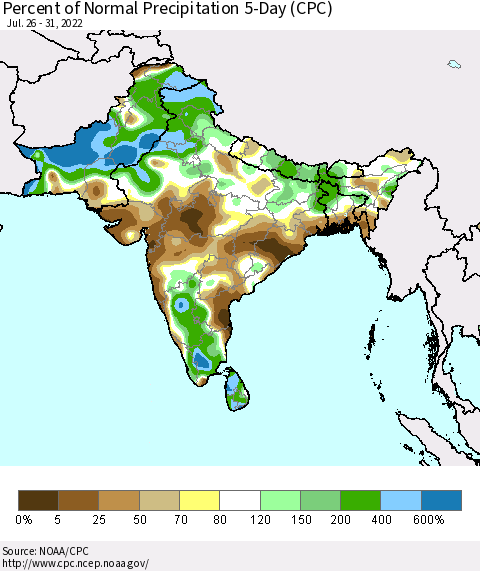 Southern Asia Percent of Normal Precipitation 5-Day (CPC) Thematic Map For 7/26/2022 - 7/31/2022