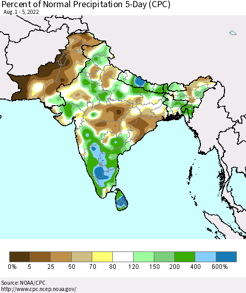 Southern Asia Percent of Normal Precipitation 5-Day (CPC) Thematic Map For 8/1/2022 - 8/5/2022