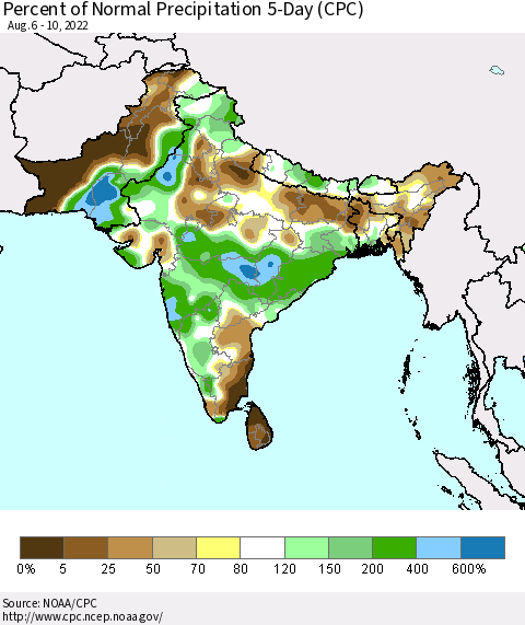 Southern Asia Percent of Normal Precipitation 5-Day (CPC) Thematic Map For 8/6/2022 - 8/10/2022