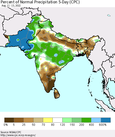 Southern Asia Percent of Normal Precipitation 5-Day (CPC) Thematic Map For 8/11/2022 - 8/15/2022