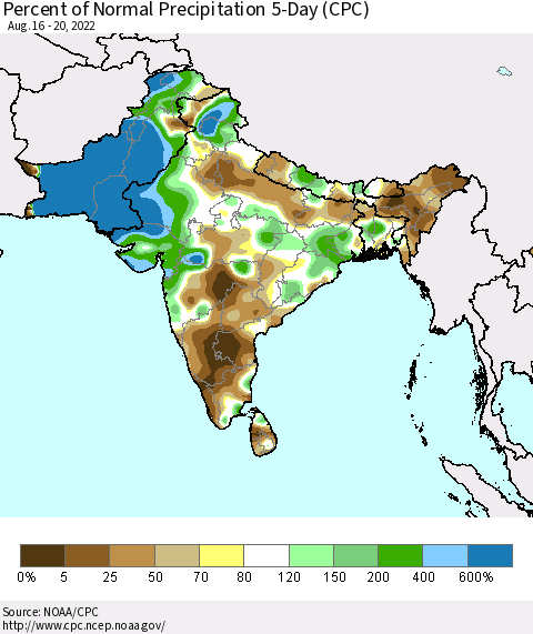 Southern Asia Percent of Normal Precipitation 5-Day (CPC) Thematic Map For 8/16/2022 - 8/20/2022