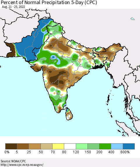 Southern Asia Percent of Normal Precipitation 5-Day (CPC) Thematic Map For 8/21/2022 - 8/25/2022