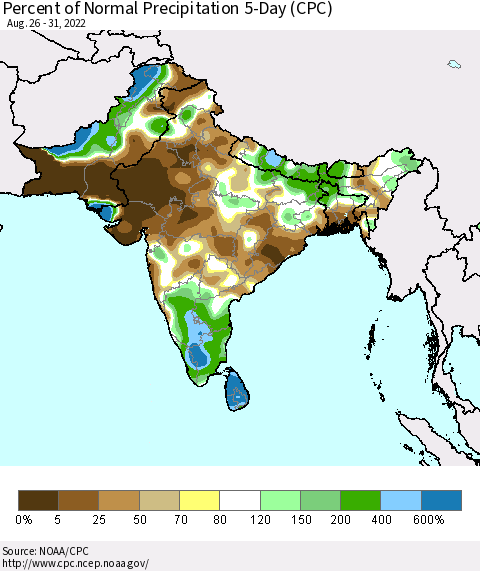 Southern Asia Percent of Normal Precipitation 5-Day (CPC) Thematic Map For 8/26/2022 - 8/31/2022