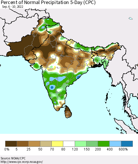 Southern Asia Percent of Normal Precipitation 5-Day (CPC) Thematic Map For 9/6/2022 - 9/10/2022