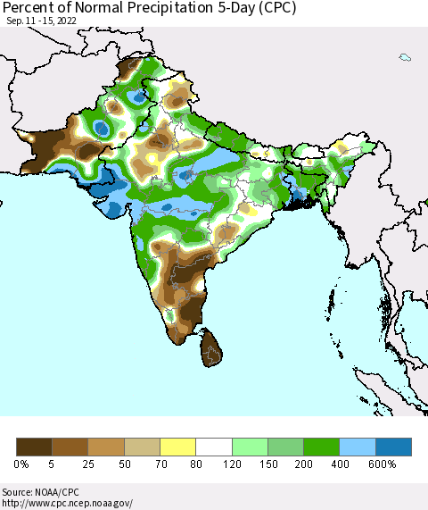 Southern Asia Percent of Normal Precipitation 5-Day (CPC) Thematic Map For 9/11/2022 - 9/15/2022