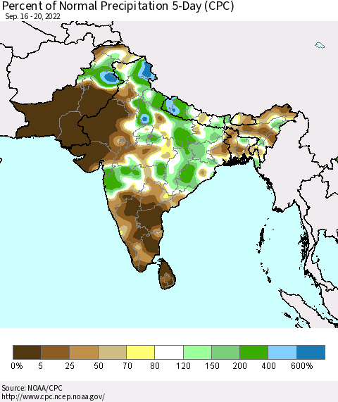 Southern Asia Percent of Normal Precipitation 5-Day (CPC) Thematic Map For 9/16/2022 - 9/20/2022