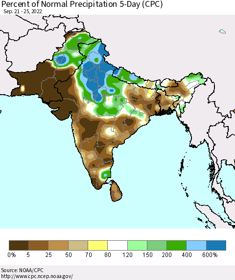 Southern Asia Percent of Normal Precipitation 5-Day (CPC) Thematic Map For 9/21/2022 - 9/25/2022