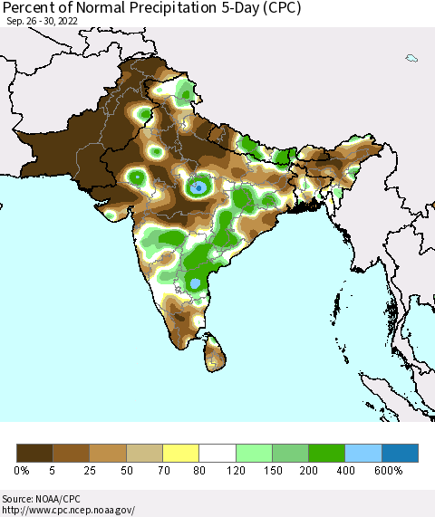 Southern Asia Percent of Normal Precipitation 5-Day (CPC) Thematic Map For 9/26/2022 - 9/30/2022