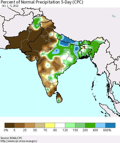 Southern Asia Percent of Normal Precipitation 5-Day (CPC) Thematic Map For 10/1/2022 - 10/5/2022