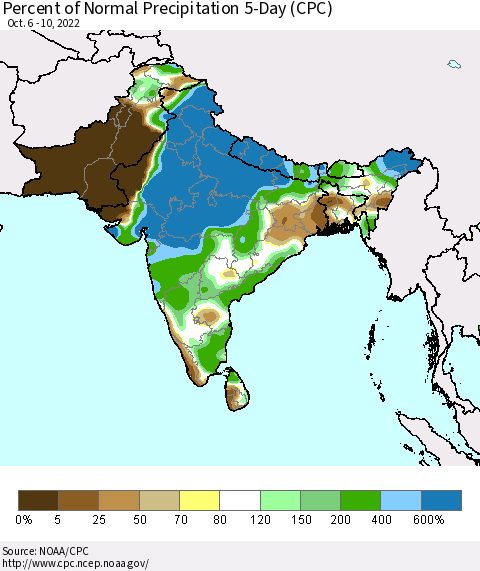 Southern Asia Percent of Normal Precipitation 5-Day (CPC) Thematic Map For 10/6/2022 - 10/10/2022