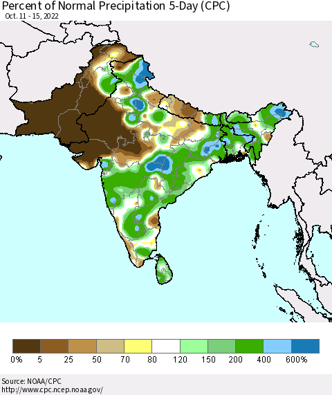 Southern Asia Percent of Normal Precipitation 5-Day (CPC) Thematic Map For 10/11/2022 - 10/15/2022