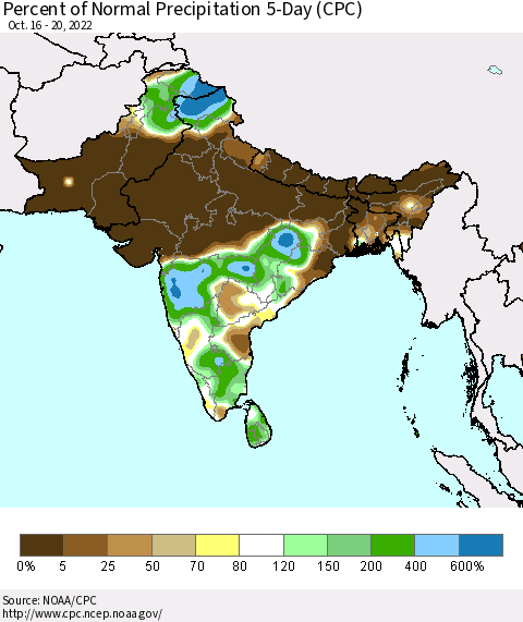 Southern Asia Percent of Normal Precipitation 5-Day (CPC) Thematic Map For 10/16/2022 - 10/20/2022