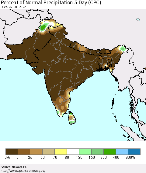 Southern Asia Percent of Normal Precipitation 5-Day (CPC) Thematic Map For 10/26/2022 - 10/31/2022