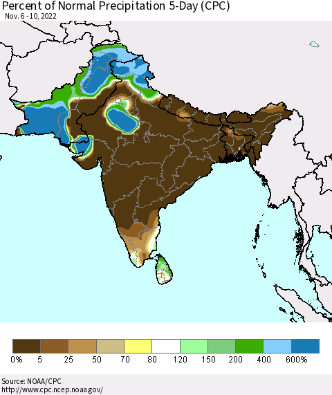 Southern Asia Percent of Normal Precipitation 5-Day (CPC) Thematic Map For 11/6/2022 - 11/10/2022