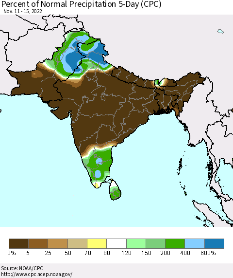 Southern Asia Percent of Normal Precipitation 5-Day (CPC) Thematic Map For 11/11/2022 - 11/15/2022