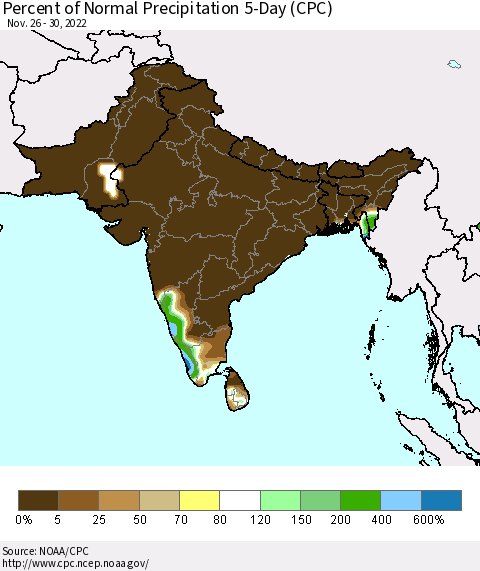 Southern Asia Percent of Normal Precipitation 5-Day (CPC) Thematic Map For 11/26/2022 - 11/30/2022