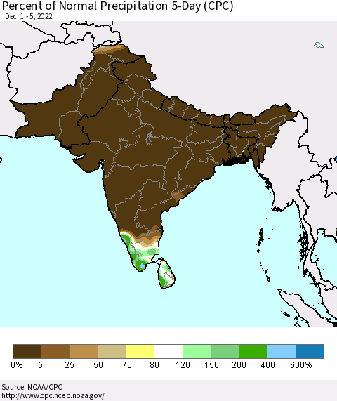 Southern Asia Percent of Normal Precipitation 5-Day (CPC) Thematic Map For 12/1/2022 - 12/5/2022