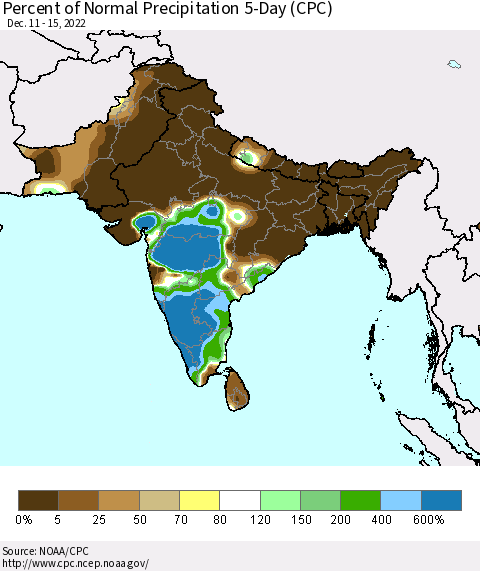 Southern Asia Percent of Normal Precipitation 5-Day (CPC) Thematic Map For 12/11/2022 - 12/15/2022