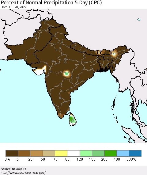 Southern Asia Percent of Normal Precipitation 5-Day (CPC) Thematic Map For 12/16/2022 - 12/20/2022