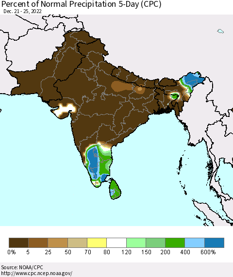 Southern Asia Percent of Normal Precipitation 5-Day (CPC) Thematic Map For 12/21/2022 - 12/25/2022