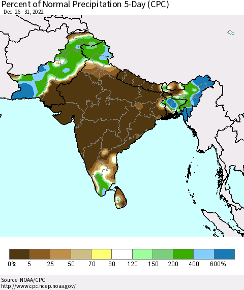 Southern Asia Percent of Normal Precipitation 5-Day (CPC) Thematic Map For 12/26/2022 - 12/31/2022