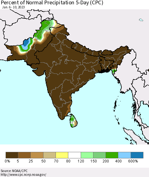 Southern Asia Percent of Normal Precipitation 5-Day (CPC) Thematic Map For 1/6/2023 - 1/10/2023
