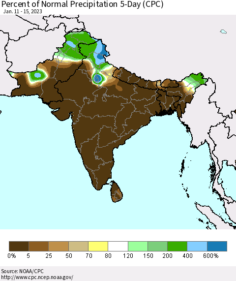 Southern Asia Percent of Normal Precipitation 5-Day (CPC) Thematic Map For 1/11/2023 - 1/15/2023