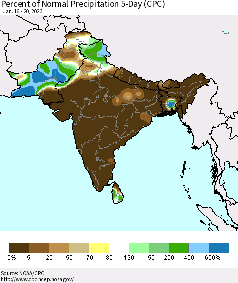 Southern Asia Percent of Normal Precipitation 5-Day (CPC) Thematic Map For 1/16/2023 - 1/20/2023