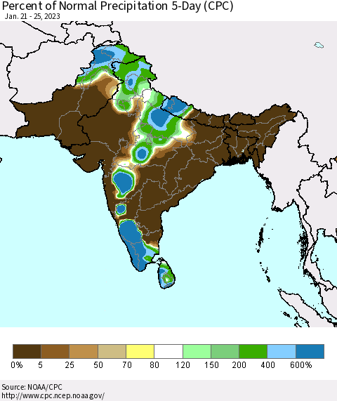 Southern Asia Percent of Normal Precipitation 5-Day (CPC) Thematic Map For 1/21/2023 - 1/25/2023