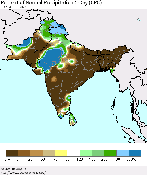 Southern Asia Percent of Normal Precipitation 5-Day (CPC) Thematic Map For 1/26/2023 - 1/31/2023