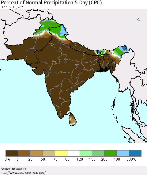 Southern Asia Percent of Normal Precipitation 5-Day (CPC) Thematic Map For 2/6/2023 - 2/10/2023