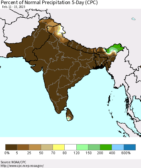 Southern Asia Percent of Normal Precipitation 5-Day (CPC) Thematic Map For 2/11/2023 - 2/15/2023