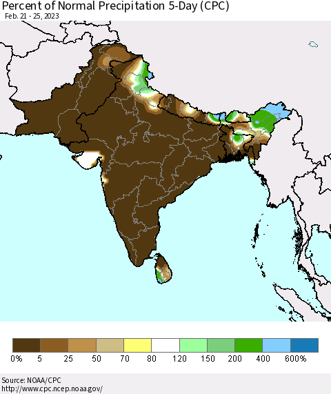 Southern Asia Percent of Normal Precipitation 5-Day (CPC) Thematic Map For 2/21/2023 - 2/25/2023